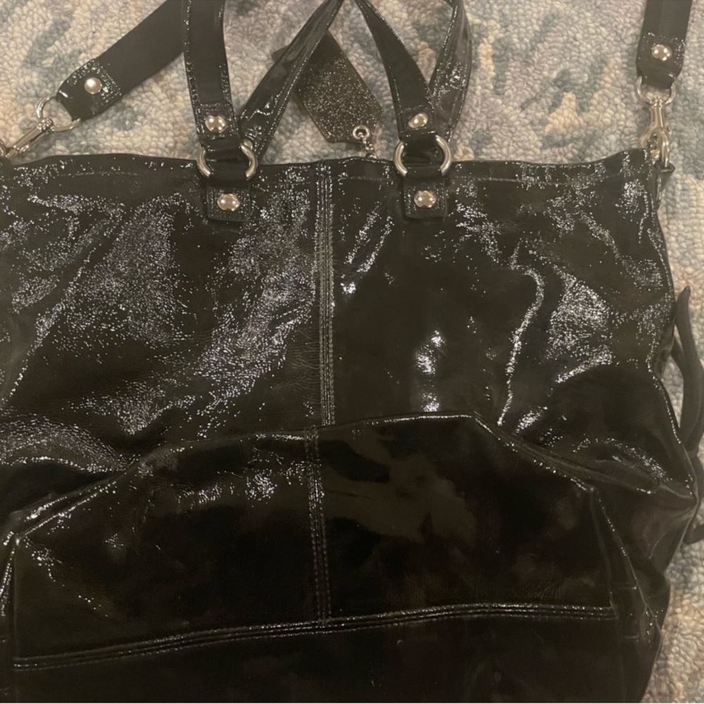 AUTH COACH POPPY GLOSSY CRINKLE PATENT LEATHER SATCHEL BAG PURSE 13869 BLACK - Picture 6 of 11